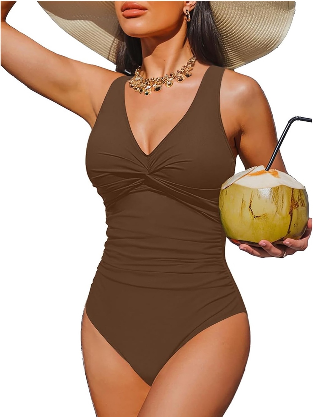 V-Neck Ruched One-Piece Swimsuit in Brown